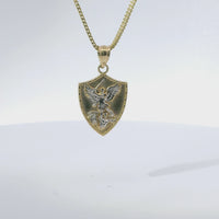 14KT Gold Charm Small Two Tone St Michael Shield Shape Coin with White Gold Diamond Cut Wings and Plain Bell