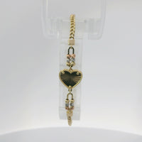 14KT Gold Bracelet Miami Cuban Plain Sunray Heart with Three Tri Tone Beads Center Coin 3mm