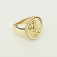 14KT Gold Ring Men's Round St. Lazarus Plain Border Coin with Double Row of White CZ Stones Sides