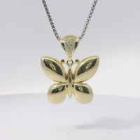 14KT Gold Charm Medium 3D Puff Butterfly with Flat Back White CZ Stones Edge and Bell