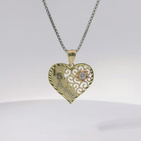 14KT Gold Charm Jumbo Tri Tone Flat "15 Anos" Heart with White CZ Stone Right Side Flower and Plain Bell