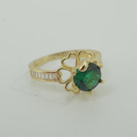 14KT Gold Ring Women's Round Dark Green CZ Center Stone Open Flower Heart Petals with White CZ Baguette Stone Band
