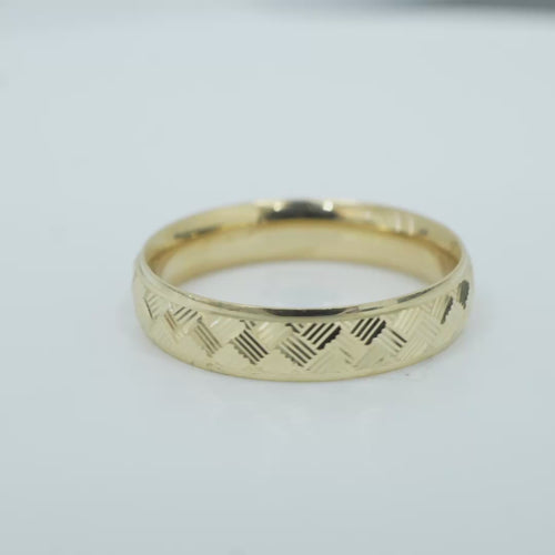 14KT Gold Ring Unisex Solid Parquet Print Plain Border Band