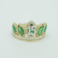 14KT Gold Ring Women's "15" Quinceanera Crown Dark Green CZ Stones with White Square CZ Stones Band Plain Shank