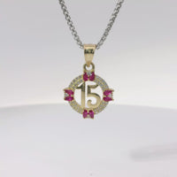 14KT Gold Charm Small Round Quinceanera "15" Center with Double White CZ Stone Outline Double Dark Pink Pear Cardinal Direction and Plain Bell