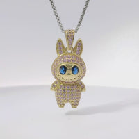 14KT Gold Charm Medium 3D Flat Back LaBuBu Navy Blue Oval CZ Stones Eyes, Light Pink CZ Stones Body and Bell