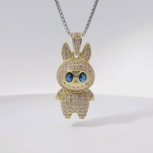 14KT Gold Charm Medium 3D Flat Back LaBuBu Navy Blue Oval CZ Stones Eyes, Light Pink CZ Stones Body and Bell