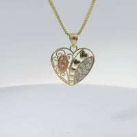 14KT Gold Charm Medium Tri Tone Virgin Mary Heart with Plain Heart Center and Seven White CZ Stones Right Side and Plain Bell