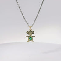 14KT Gold Charm Girl with Green CZ Stone Belly and Plain Bell