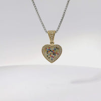 14KT Gold Charm Small 3D Multi Color CZ Stones Heart with White CZ Stones Border and Bell