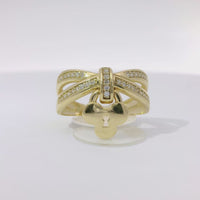 14KT Gold Ring Women's White CZ Stones Infinity Bow with Club Shape Hanging Lock