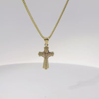 14KT Gold Charm Extra Small Two Tone White CZ Stone Cross Center with Plain Border, Center Ribbon, and Plain Bell