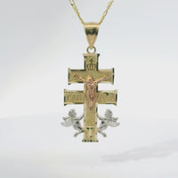 14KT Gold Charm Large Tri Tone Caravaca Crucifix Cross with Plain Bell