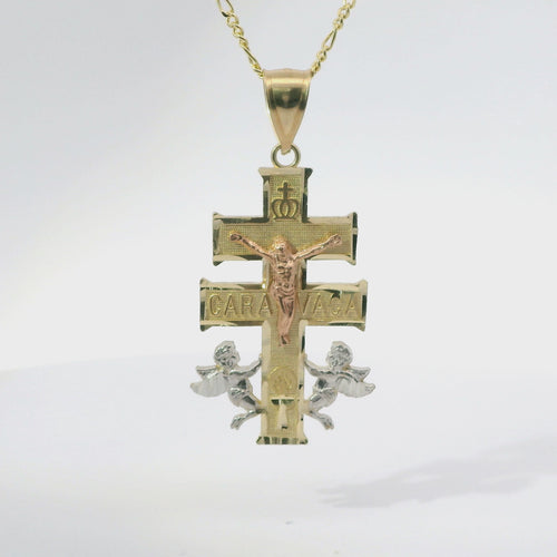 14KT Gold Charm Large Tri Tone Caravaca Crucifix Cross with Plain Bell