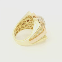 14KT Gold Ring Men's Tri Tone Raised Square/Oval Medusa Portrait with Sunray Background and Corner Design One Green CZ Stone in Each Corner Band Design Double Row White CZ Stone Interlocking Top/Side Cross