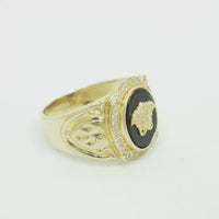 14KT Gold Ring Men's Oval Onyx Medusa Head White CZ Stones Border Side Design Chrome Style Cross