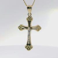 14KT Gold Charm Medium Two Tone Club Shape Flur de Lis Ends Crucifix Cross with Plain Bell