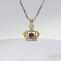 14KT Gold Charm Mini Open Crown Magenta Pink Round CZ Stone Center White Baguette CZ Stones Band and Plain Bell
