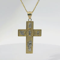 14KT Gold Charm Medium Two Tone Catholic Saints Cross with Virgin Mary, St Michael, St Charbel, St Christopher, and St Jude Center and Plain Bell