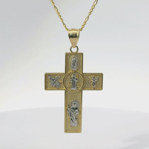 14KT Gold Charm Medium Two Tone Catholic Saints Cross with Virgin Mary, St Michael, St Charbel, St Christopher, and St Jude Center and Plain Bell