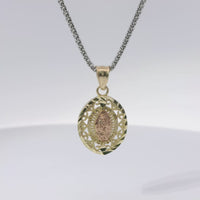 14KT Gold Charm Small Two Tone Open Swirl Pointed Oval Virgin Mary with Diamond Cut Edge and Plain Bell