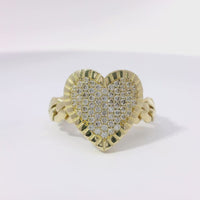 14KT Gold Ring Women's Flat Curved White CZ Stones Heart with Plain Etched Border and Cuban Link Band