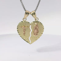 14KT Gold Charm Large Two Tone "Te Amo" Broken Heart with Left Jesus Crucifix and Right Virgin Mary with Diamond Cut Border and Double Plain Bell