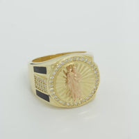 14KT Gold Ring Men's Round Two Tone St. Jude White CZ Stone Border with Triple Row White CZ Side Stones and Onyx Stripe