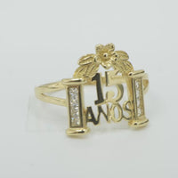 14KT Gold Ring Women's "15 Anos" Quinceanera White CZ Stones Gate with One Gold Five Petal Plain Gold Flower and Plain Split Band