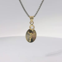 14KT Gold Charm Extra Small Tri Tone Oval Crucifix Sunray Coin with White CZ Stone Top and Plain Bell