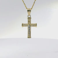 14KT Gold Charm Baby Two Tone Bar End Crucifix Cross with Plain Bell