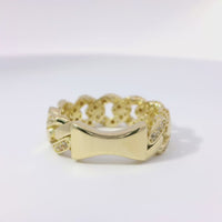 14KT Gold Ring Women's Small Alternating White CZ Stones Cuban Link and Plain Cuban Link Band