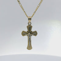 14KT Gold Charm Small Two Tone Bell Flare Ends Crucifix Cross with Plain Bell