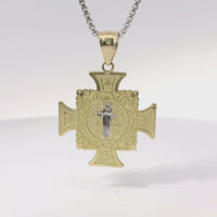 14KT Gold Charm Medium Round St Benedict Medal Crucifix with Plain Bell