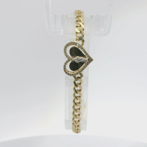 14KT Gold Bracelet Women's Single Charm Tri Tone Sunray St. Jude Heart with White CZ Stones Border and White CZ Stone End Cuban Link Lobster Clasp Band