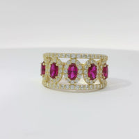 14KT Gold Ring Women's Five Red Center Ovals with White Round CZ Stones Border Spit Band