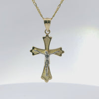 14KT Gold Charm Medium Two Tone Point Flare Ends Crucifix Cross with Plain Bell