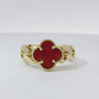 14KT Gold Ring Women's Mini Red Clover with Cuban Link Band