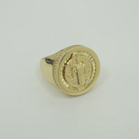 14KT Gold Ring Men's Round St. Benito Plain Border Double Row White CZ Stones Side Border Plain Band