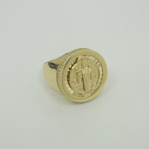 14KT Gold Ring Men's Round St. Benito Plain Border Double Row White CZ Stones Side Border Plain Band