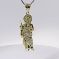 14KT Gold Charm Medium St Jude with Round White CZ Stones Robe and Halo and Plain Bell