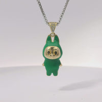 14KT Gold Charm Medium 3D Dark Green Enamel LaBuBu Body and White CZ Stones Bell