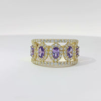 14KT Gold Ring Women's Five Purple Center Ovals with White Round CZ Stones Border Spit Band