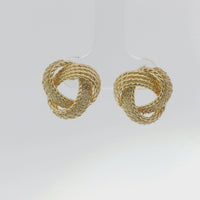 14KT Gold Earrings Medium Open Center Three Strand Flattened White CZ Stones Braided Notched Cords Knot with Push Back Post and Butterfly Backs