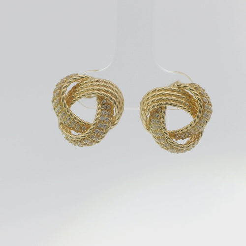 14KT Gold Earrings Medium Open Center Three Strand Flattened White CZ Stones Braided Notched Cords Knot with Push Back Post and Butterfly Backs