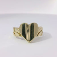 14KT Gold Ring Women's Curved Engravable Plain Heart Shape Center with Cuban Link Band
