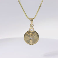 14KT Gold Charm Small Two Tone Round Sunray Crucifix Coin with White CZ Stone Top and Plain Bell
