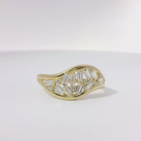 14KT Gold Ring Women's Light Weight Wavy Baguette White CZ Stone Wheat Stem with Open Split Band