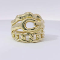 14KT Gold Ring Women's Three Band Design Top Band Bubble Bamboo Middle Band Belt Buckle Lower Band Miami Link