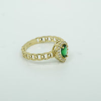 14KT Gold Ring Women's Pear Dark Green Center Stone with White CZ Stone Border Chino Band